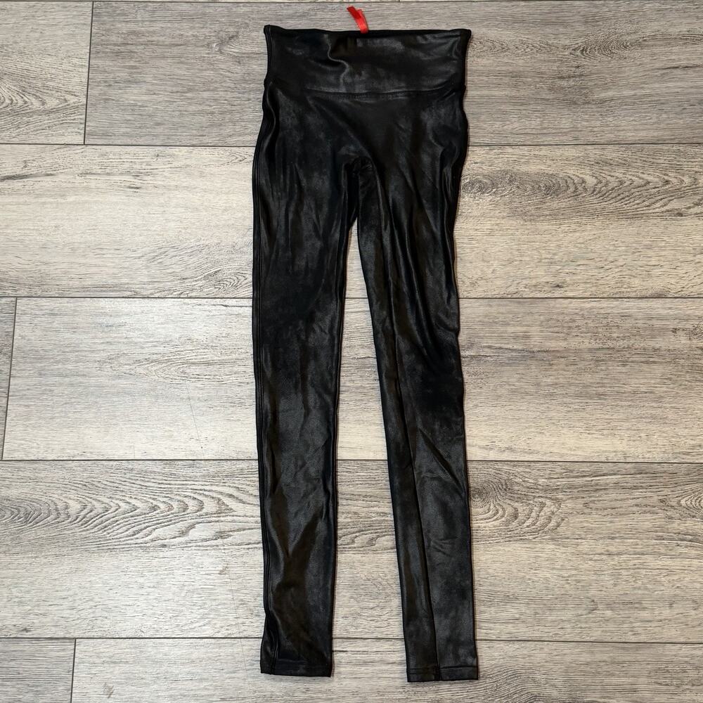 SPANX Leggings Extra Small Black Faux Leather Shiny Stretch High Waisted Vegan